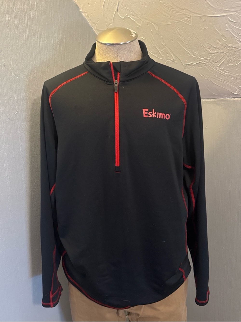 Men's Black Long Sleeve Half-Zip Pullover with Red Trim